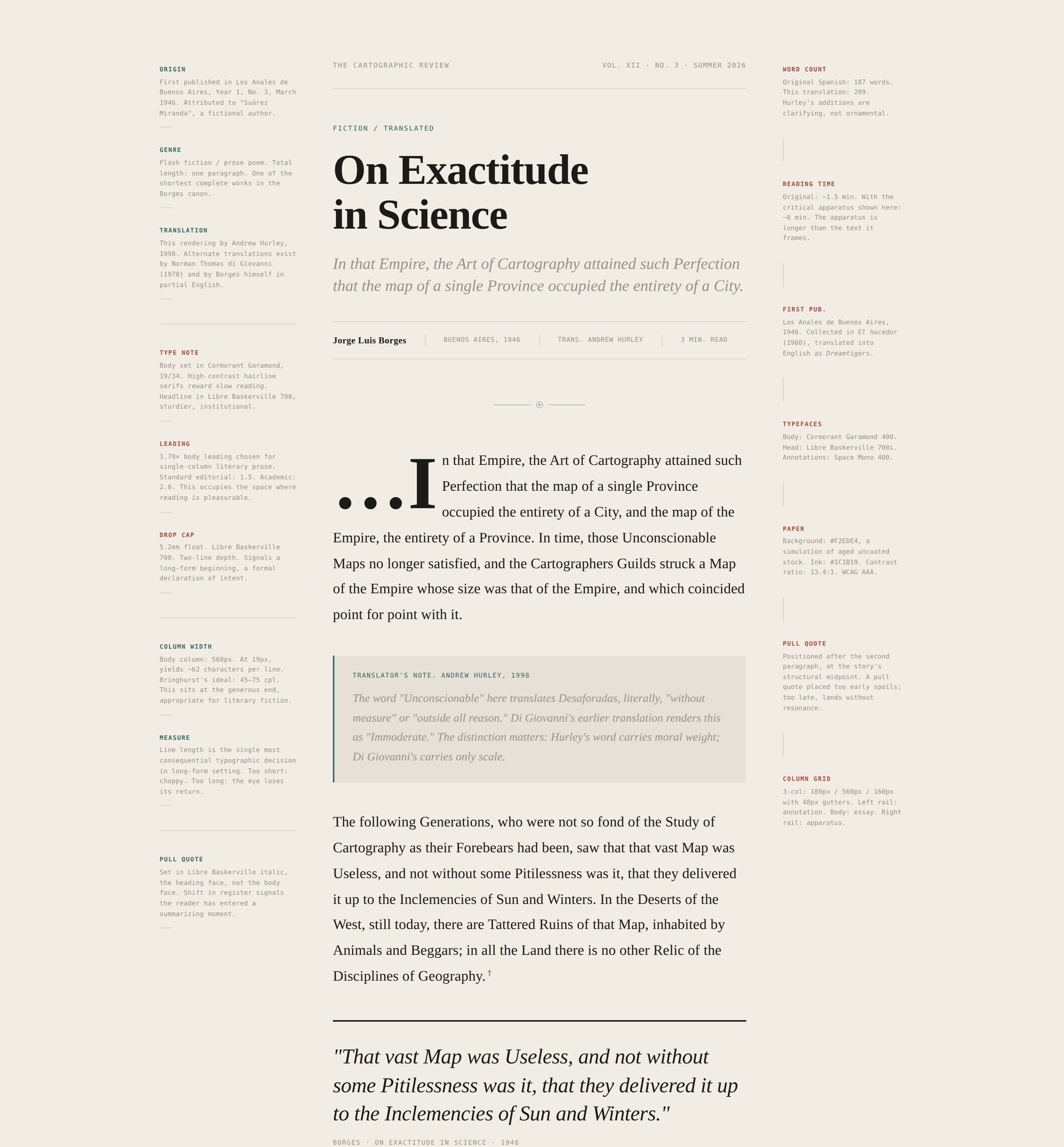 On Exactitude in Science editorial layout, three-column annotated page