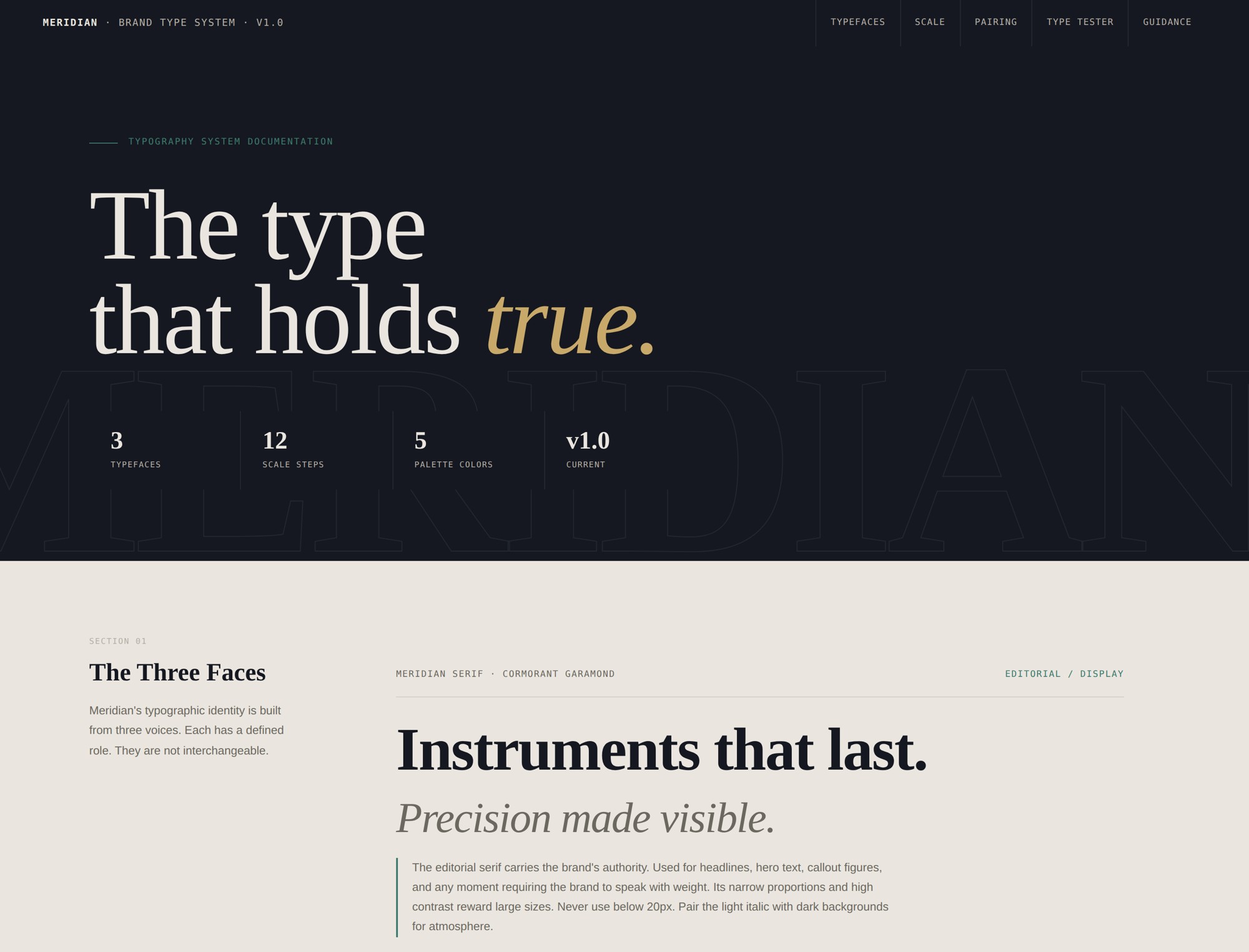 Meridian brand type system documentation, dark hero page