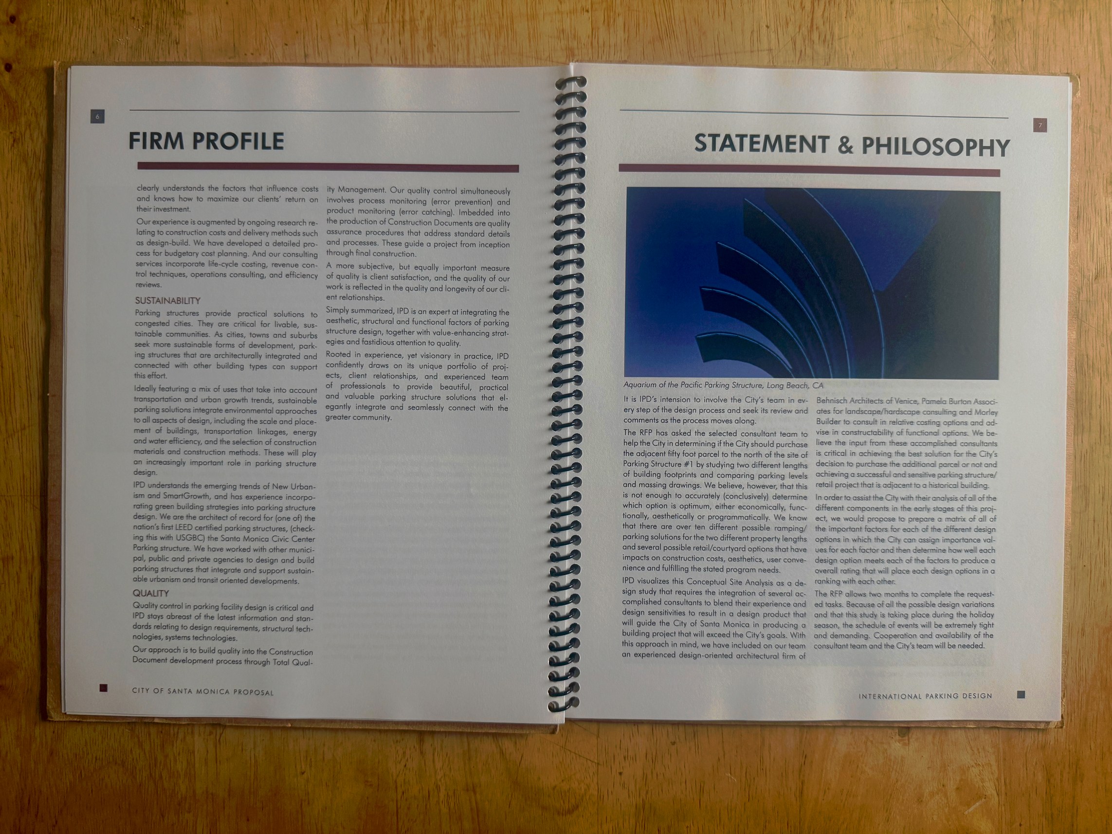 IPD Santa Monica proposal open to its recovered cardboard cover on the left and printed title page on the right