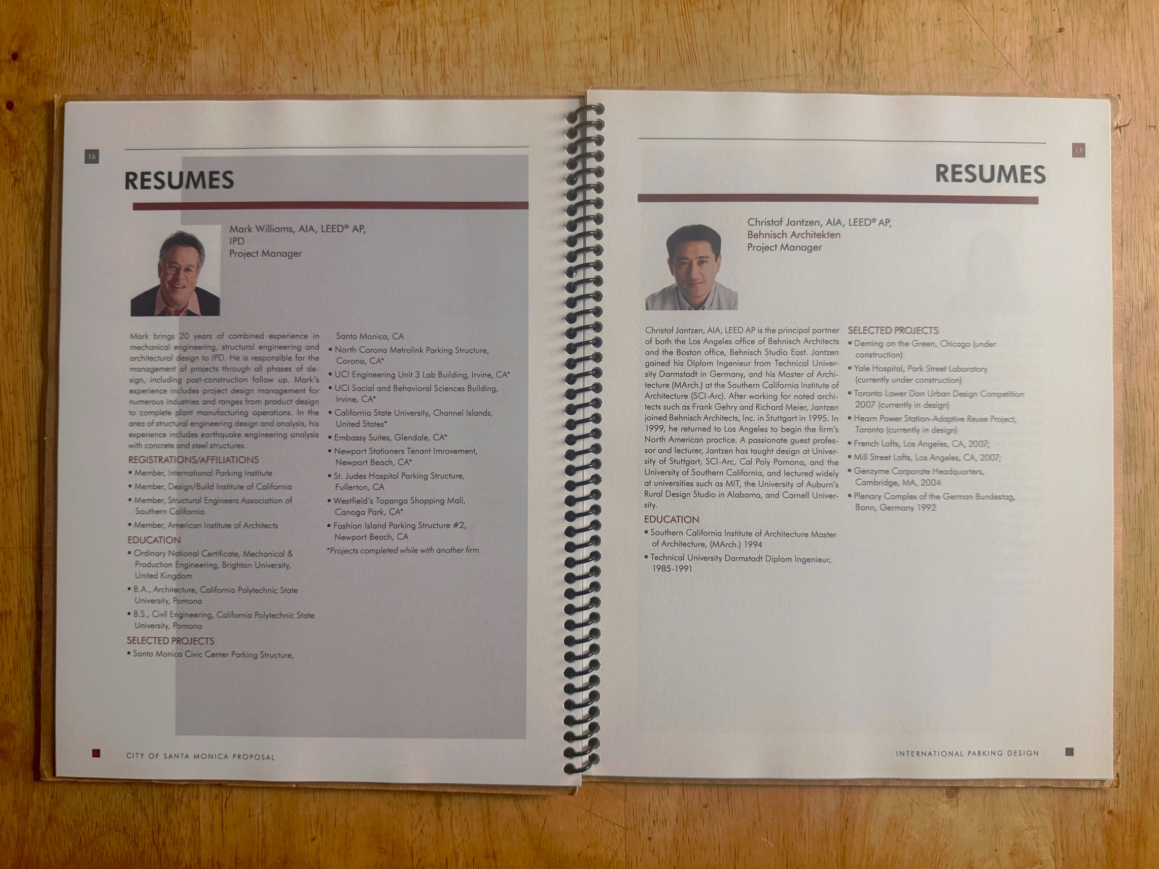 Resumes spread — Mark Williams AIA LEED AP (IPD) and Christof Jantzen AIA LEED AP (Behnisch Architekten)